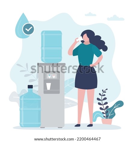 Happy woman drinking clean bottled water, purifying liquid from cooler. Office worker drinking water at time break. Healthy lifestyle. Pure aqua from cooler. Tanks with water. Flat vector illustration Royalty-Free Stock Photo #2200464467