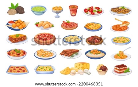 Italian food set vector illustration. Cartoon isolated pizza and pasta, fried fastfood snacks with cheese and desserts, homemade and restaurant dinner dishes and sauces cooking in cuisine of Italy