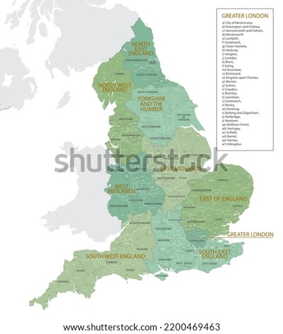 Detailed map of England with administrative divisions into regions, counties and districts, major cities of the country, vector illustration onwhite background Royalty-Free Stock Photo #2200469463