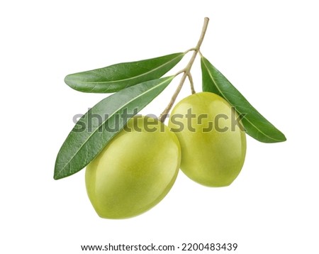 Two green olives with leaves isolated on white background. Clipping path. Royalty-Free Stock Photo #2200483439