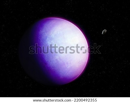 Spectacular distant exoplanet in space with asteroid. Colorful planet with atmosphere. Sci-Fi background.
