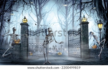Halloween - Skeleton Inviting A Zombies Party In Cemetery With Foggy Forest Royalty-Free Stock Photo #2200499819