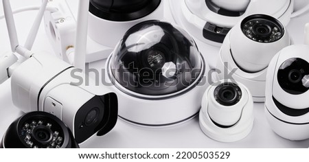 Surveillance cameras, set of different videcam, cctv cameras isolated on white background close up. home security system concept Royalty-Free Stock Photo #2200503529