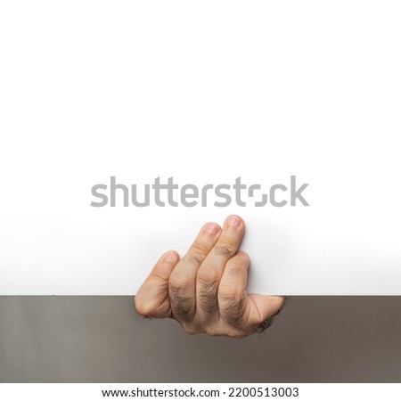Male Hand Holding Empty White Background with Copy Space. Hairy Hands Hold Blank Paper, Horizontal Mockup with Copyspace
