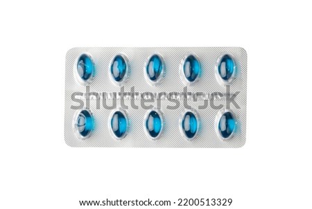 Pill blister isolated. Blue capsule package, drugs packaging, pill pack, pharmacy box, medicine capsules blister on white background top view Royalty-Free Stock Photo #2200513329