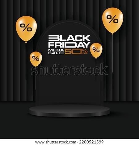 Black Friday Mega Sale, discount concept. product podium with golden balloons. vector illustration 