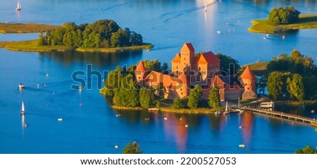 Trakai Island Castle in Lithuania aerial view. Medieval gothic castle, located in Galve lake. Trakai Castle - most popular tourist landmark in Lithuania