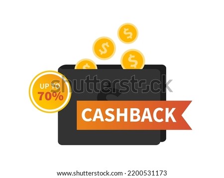 Vector cashback label with wallet. Business cash back icon. Return of money from purchases. Modern cashback banner. Up to 70 percent.