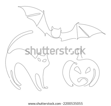 Pumpkin and bat single line. Halloween symbols line art. linear scary animals and pumpkins. Outline Elements for Halloween invitation.