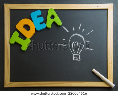 Colorful wooden word Idea with lamp drawing on Blackboard