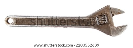 Metal wrench isolated on white background. Detail for design. Design elements. Macro. Full focus. Background for business cards, postcards and posters