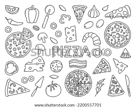 Hand drawn set of pizza doodle. Different slices of pizza in sketch style. Vector illustration isolated on white background Royalty-Free Stock Photo #2200557701