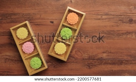 Packaging of Colorful Snowskin Moon Cake Gift Box for Family on Mid Autumn Festival. Copy Space for Text