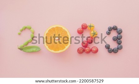 2023 made from healthy food, New year health resolution, diet goal plan and lifestyle wellness concept Royalty-Free Stock Photo #2200587529