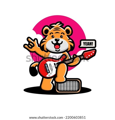 Cute tiger playing guitar mascot character