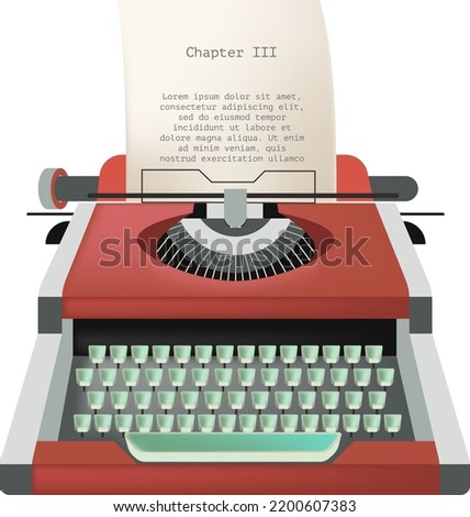 Retro typing machine with page and chapter writing in process. Isolated vintage outdated printing and publishing devices of past times. Journalist or publisher workspace. Vector in flat style Royalty-Free Stock Photo #2200607383