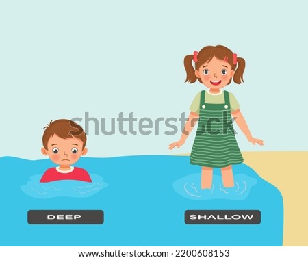 Opposite adjective antonym words deep and shallow illustration of little boy and girl standing on beach in water