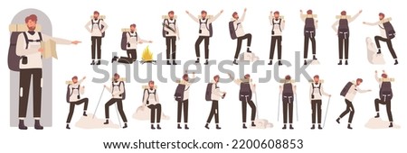 Male tourist character in side, front and back view set vector illustration. Cartoon man holding map, backpack and hike sticks trekking, climbing on nature rocks, hiker pointing isolated on white Royalty-Free Stock Photo #2200608853