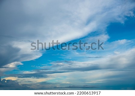 Blue sky fluffy white clouds on summer season bright clear skyline with beautiful cloudscape. Panorama blue sky clouds pattern on daylight with copy space. Cumulus cloudscape air climate sunny day Royalty-Free Stock Photo #2200613917