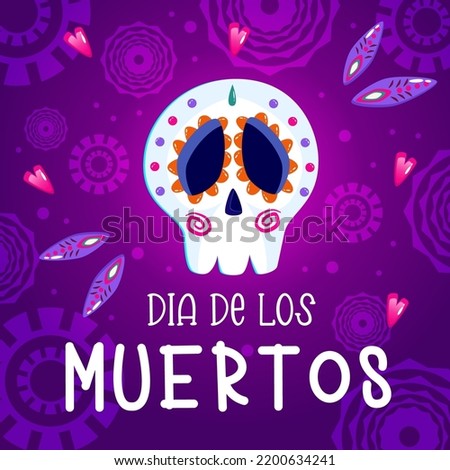 Muertos poster, day dead with skull on purple background. Halloween costume. Cartoon vector illustration. Holiday Muertos background. Mexico catrina skeleton poster.