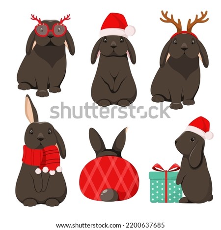 A set of black Christmas bunnies on a white background. Cartoon design.
