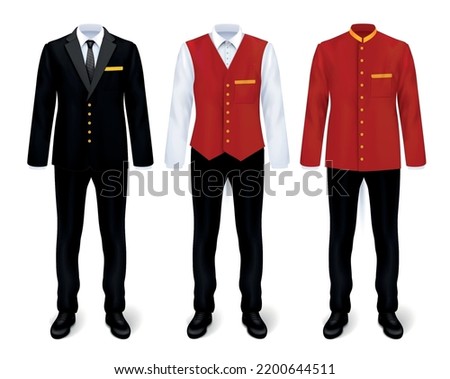 Hotel staff uniform realistic set with isolated images of smart suits for porter floor attendant receptionist vector illustration Royalty-Free Stock Photo #2200644511