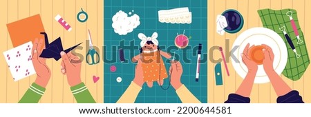 Craft hobby flat compositions set with human hands doing origami pottery and sewing doll isolated vector illustration Royalty-Free Stock Photo #2200644581