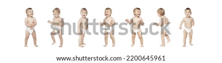 Collage with photos of cute baby learning to walk on white background. Banner design Royalty-Free Stock Photo #2200645961