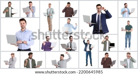 Collage with photos of men holding modern laptops on white background. Banner design