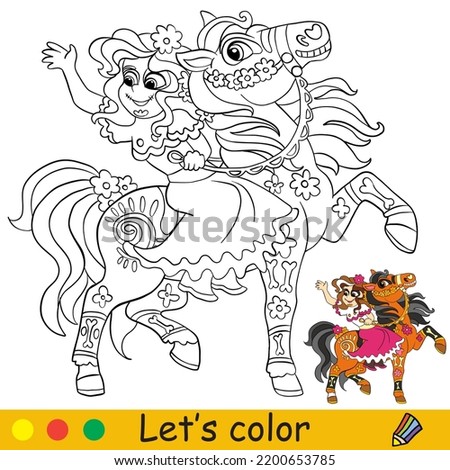 Cute mexican girl on a horse skeleton. Halloween concept. Coloring book page for children with colorful template. Vector cartoon illustration. For print, preschool education and game