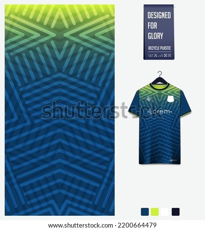 Soccer jersey pattern design. Ethnic pattern on blue background for soccer kit, football kit, bicycle, e-sport, basketball, t shirt mockup template. Fabric pattern. Abstract background. Vector.