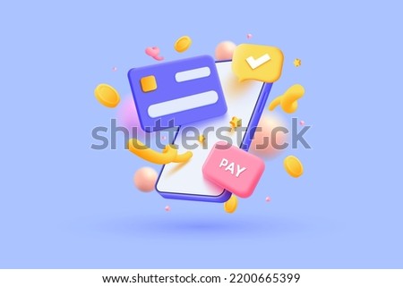 3d pay with mobile phone, banking online payments icon concept. Pay button on smartphone transaction with credit card. 3d mobile with financial bills receipt. 3d vector illustration Royalty-Free Stock Photo #2200665399