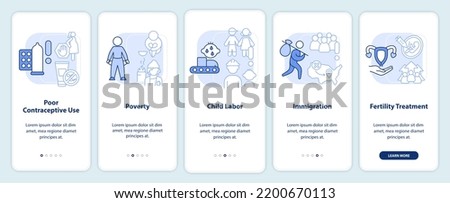 Causes of overpopulation light blue onboarding mobile app screen. Walkthrough 5 steps editable graphic instructions with linear concepts. UI, UX, GUI template. Myriad Pro-Bold, Regular fonts used