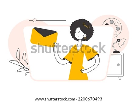 The girl is holding an envelope or a letter in her hands. Line art style. Vector.