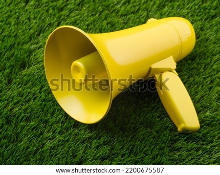 On a green lawn, a yellow megaphone close-up. Election debates, journalism, rumors, unverified information, propaganda. There are no people in the photo. Banner, advertising.