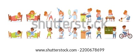 Kids daily routine. Girl and boy having different activities. Children waking up, doing physical exercising, having shower. Characters brushing teeth, eating breakfast, studying at school vector set Royalty-Free Stock Photo #2200678699