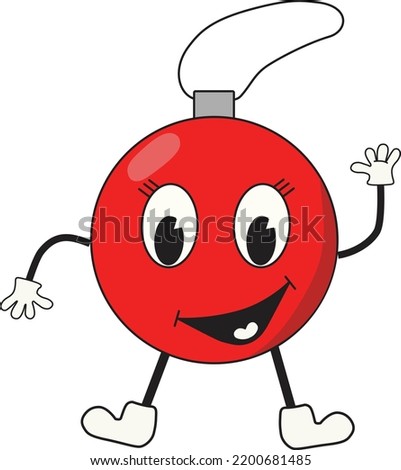 Cheerful red Christmas ball with arms and legs on a white background.