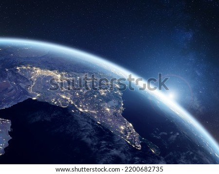 India at night viewed from space with city lights showing activity in Indian cities, Delhi, Mumbai, Bengalore. 3d render of planet Earth. Elements from NASA. Technology, global communication, world. Royalty-Free Stock Photo #2200682735