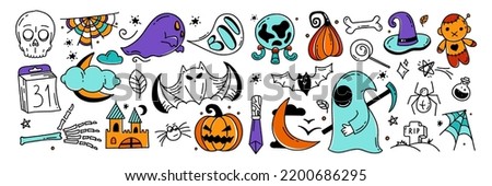 Large set of Halloween elements Doodle style vector design Illustration Isolated on white 