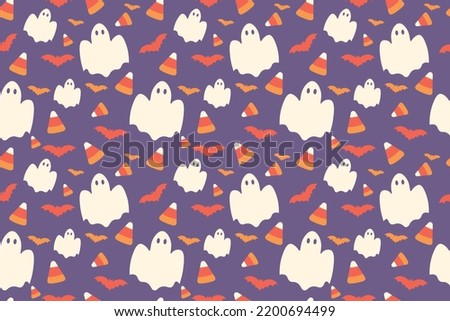Many Halloween candies, ghosts and bats on violet background. Pa