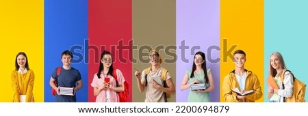 Group of students on color background Royalty-Free Stock Photo #2200694879