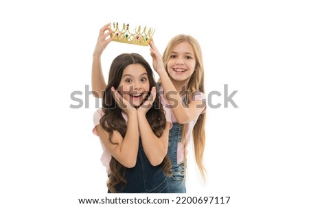 My best friend. Personal appreciation. Kid wear golden crown symbol princess. Every girl dreaming become princess. Little princess. Receiver of the throne. Award ceremony. Title goes to cute kid Royalty-Free Stock Photo #2200697117