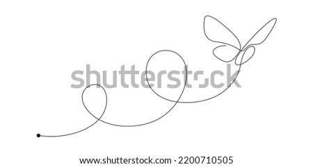 Butterfly in One continuous line drawing. Beautiful flying moth for wellbeing beauty or spa salon logo and divider concept in simple linear style. Editable stroke. Doodle vector illustration Royalty-Free Stock Photo #2200710505