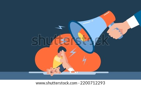 Child abuse. Dad shouts in loudspeaker. Man scolds unhappy boy sitting in corner of room. Family problems concept. Unhappy son. Parent abusing kid. Home conflict. Flat style. Vector illustration Royalty-Free Stock Photo #2200712293