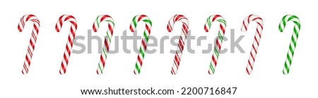 Christmas candy canes set. Christmas stick. Traditional xmas candy with red, green and white stripes. Santa caramel cane with striped pattern. Vector illustration isolated on white background. Royalty-Free Stock Photo #2200716847