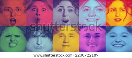 Duotone effect. Collage made of funny stretched faces of different young people expressing emotions. Cartoon style. Happy, angry, sad, annoyed, excited young men and women. Facial expressions, grimace