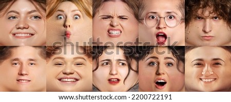 Facial expression and funny meme emotions. Set of closeup faces of different young people expressing emotions. Cartoon style. Happy, angry, sad, annoyed, excited men and women.