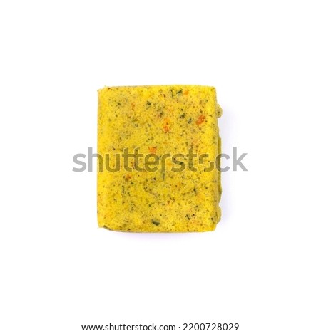 Stock cube isolated. Vegetable stock concentrat, broth cubes, bouillon cube, instant spice soup ingredient on white background top view