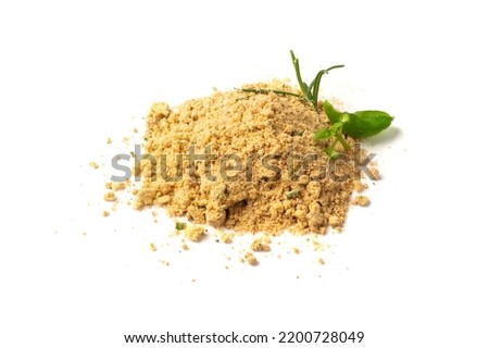 Soup powder pile isolated. Instant powdered broth, bouillon concentrate with herbs and spices on white background