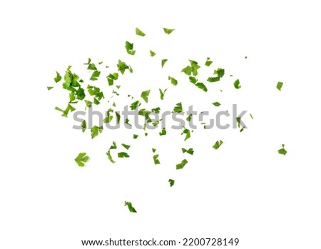 Fresh chopped parsley isolated. Sliced cilantro leaves, raw garden parsley, chervil, corriender pieces on white background top view Royalty-Free Stock Photo #2200728149